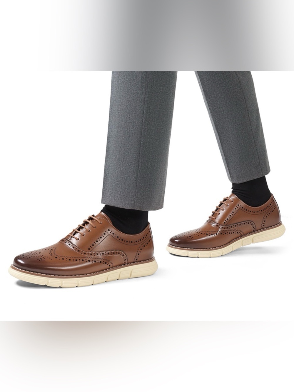 Bruno Marc Grandwing Men's Brown Leather Wingtip Dress Shoes with Cream Sole NIB - Picture 7 of 11